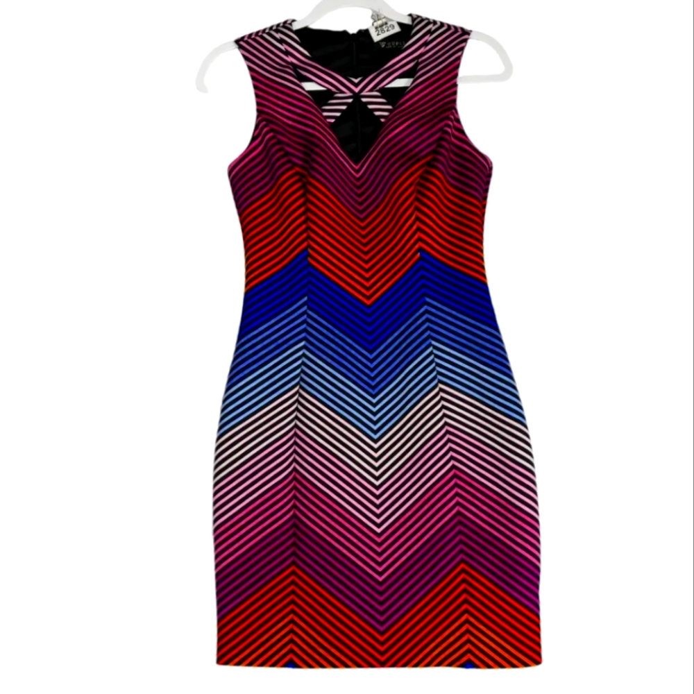 Guess Pink Blue Multi Sheath Dress Womens Fitted Pencil Stretch Caged Front, 4